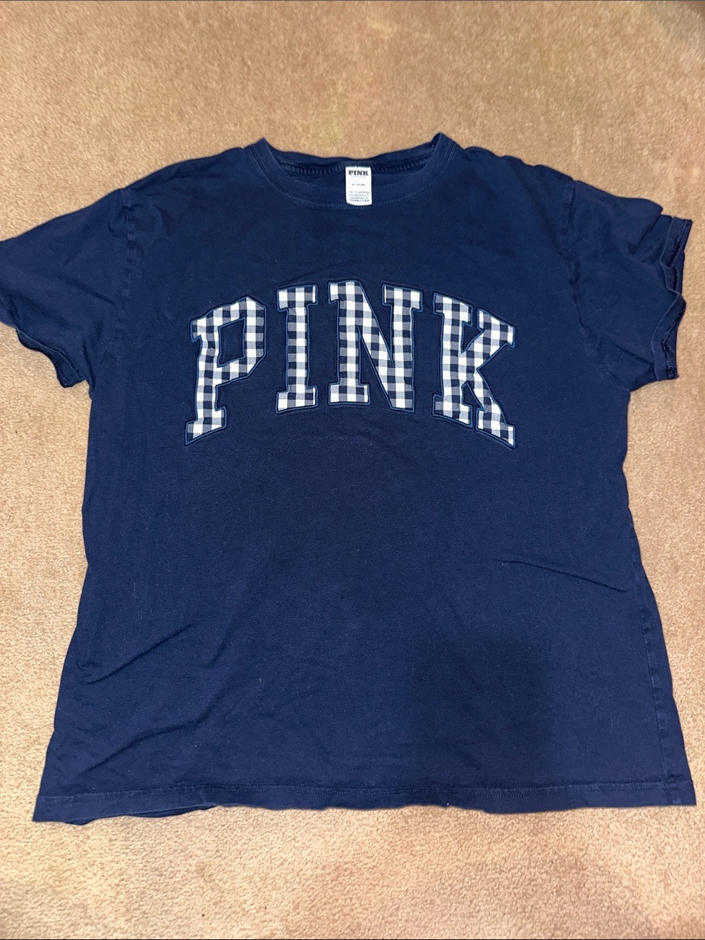 PINK Victoria's Secret Navy Tee with Gingham Lettering
